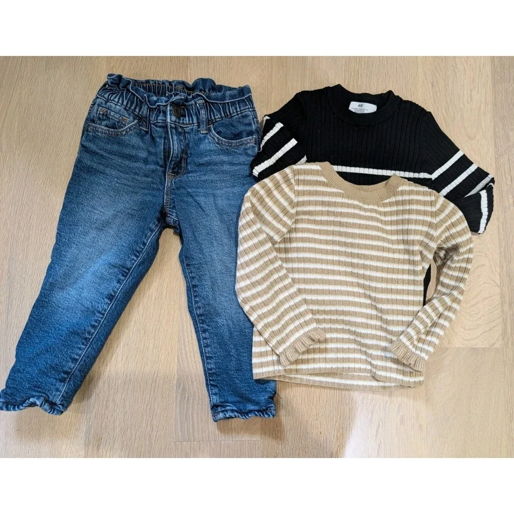 3T Baby Gap 3pc Lot BUNDLE Mom Jeans Fleece Ribbed Striped Top, H&M‎ Black Top